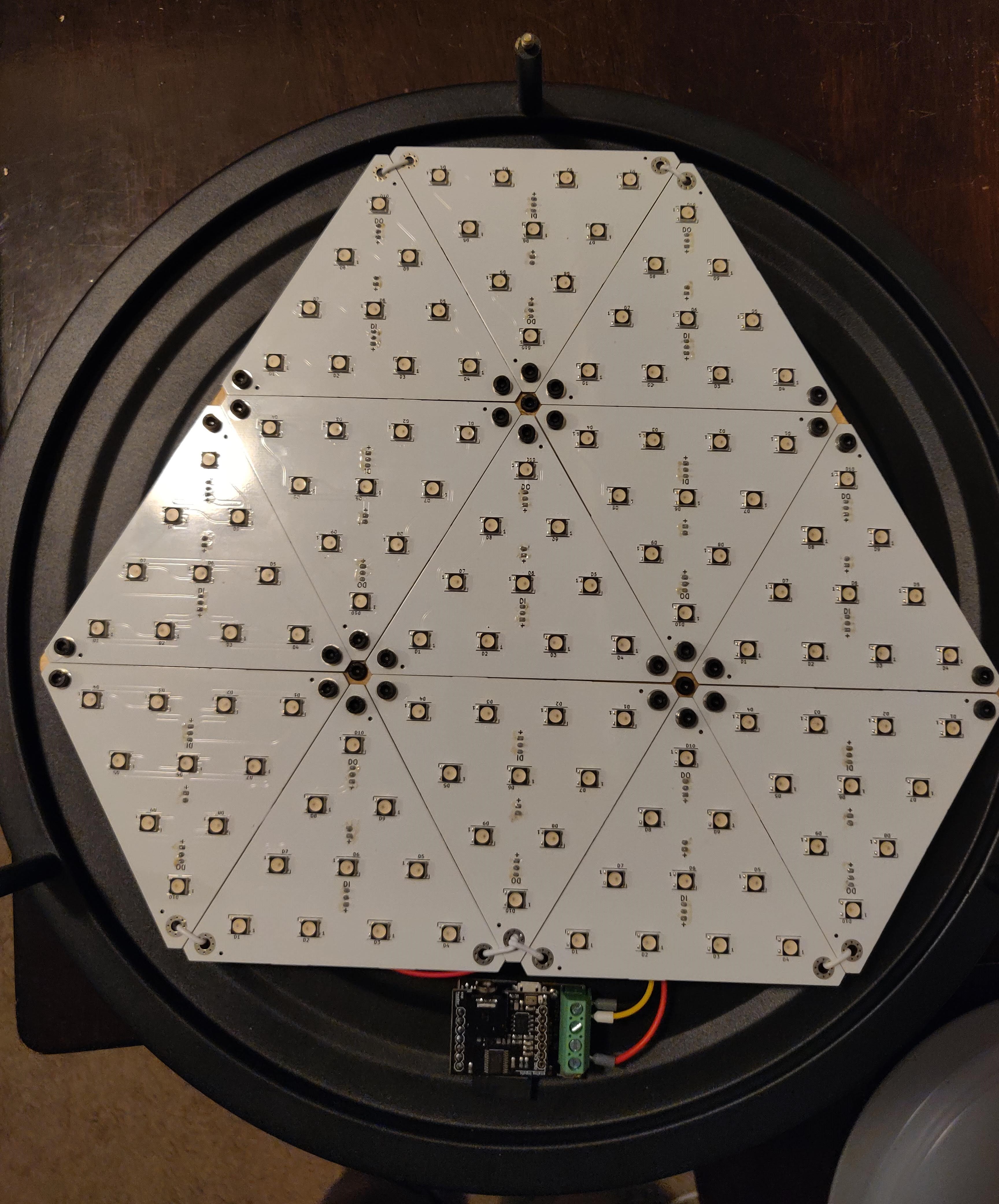 inside the large porthole - 13 LED triangles in a hexagonal array